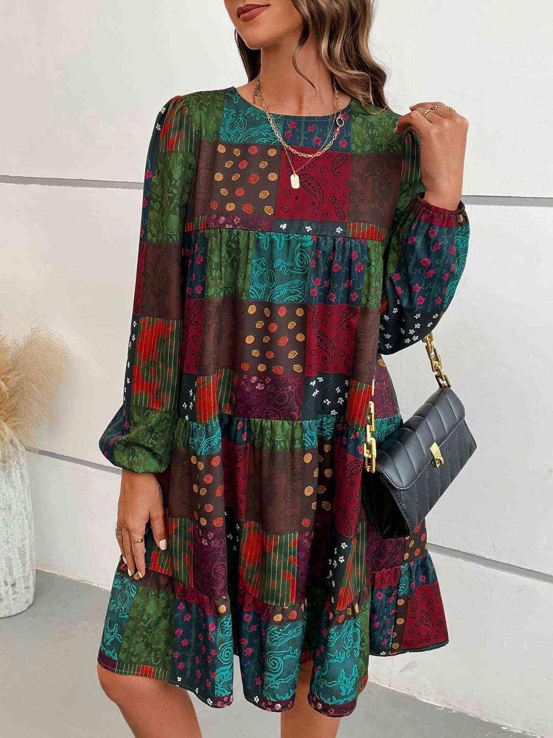 Patchwork Round Neck Long Sleeve Dress - Trendsi