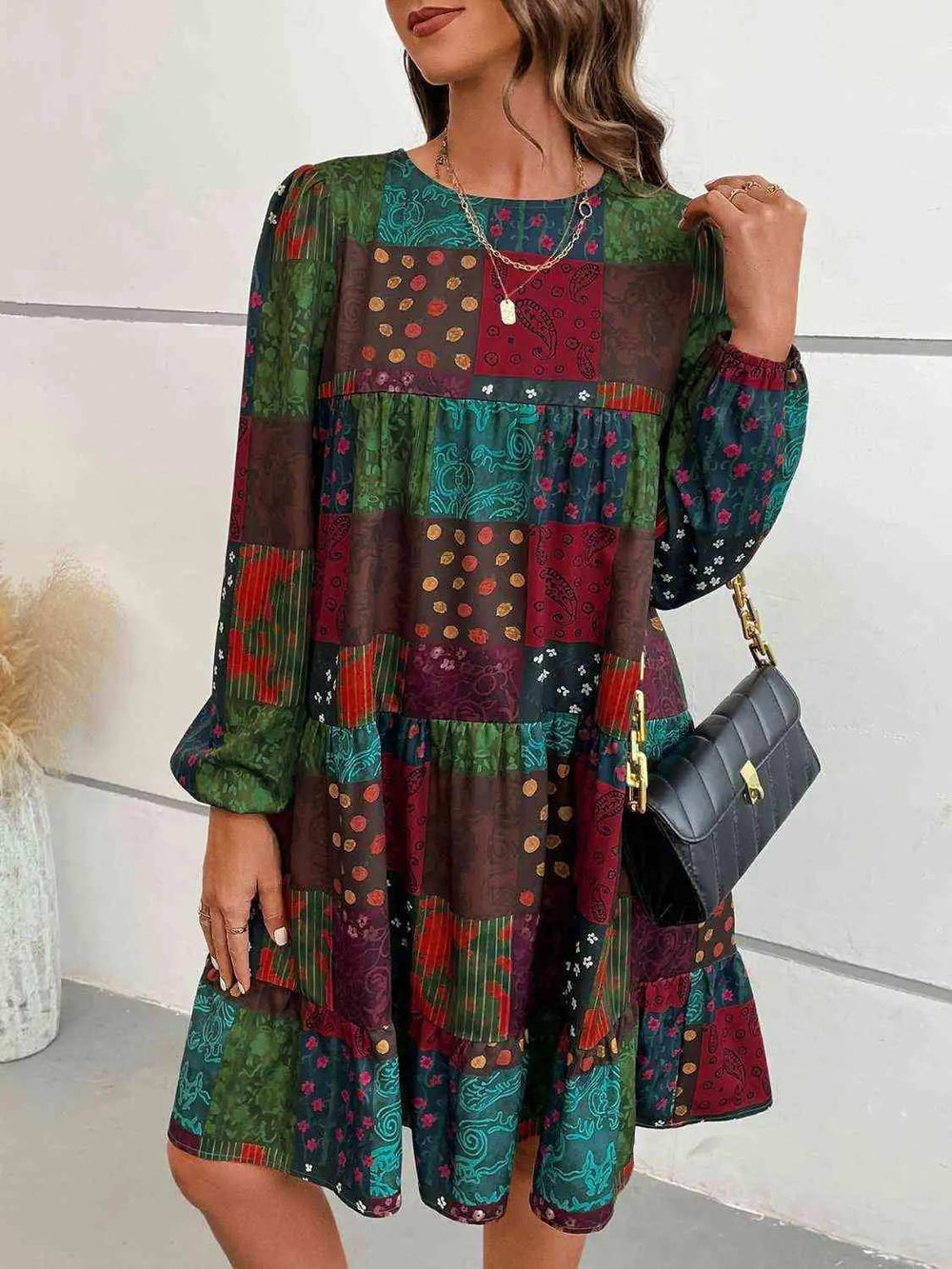 Patchwork Round Neck Long Sleeve Dress - Trendsi - Flyclothing LLC