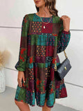 Patchwork Round Neck Long Sleeve Dress - Trendsi