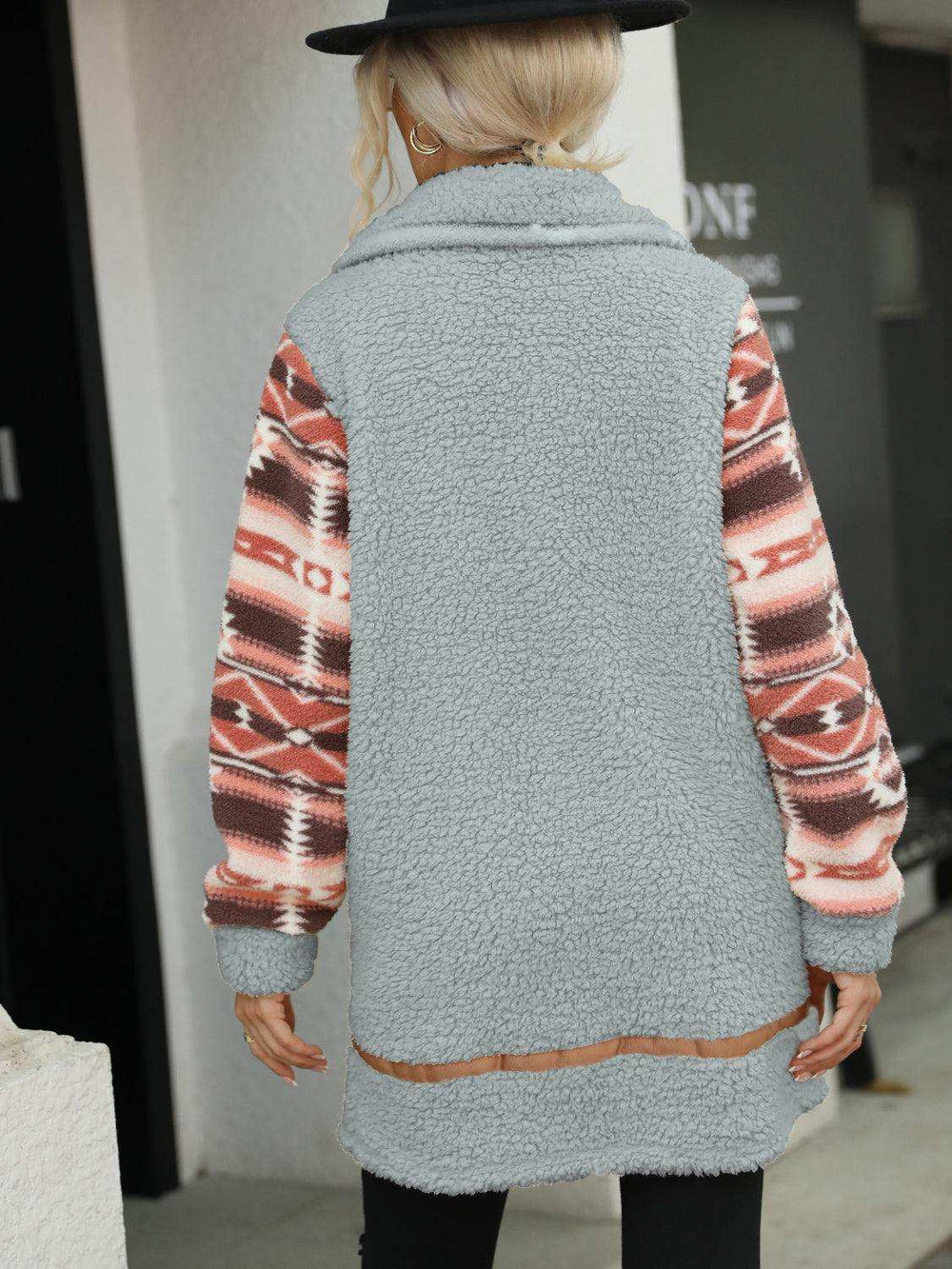 Geometric Zip-Up Collared Sherpa Jacket - Trendsi - Flyclothing LLC