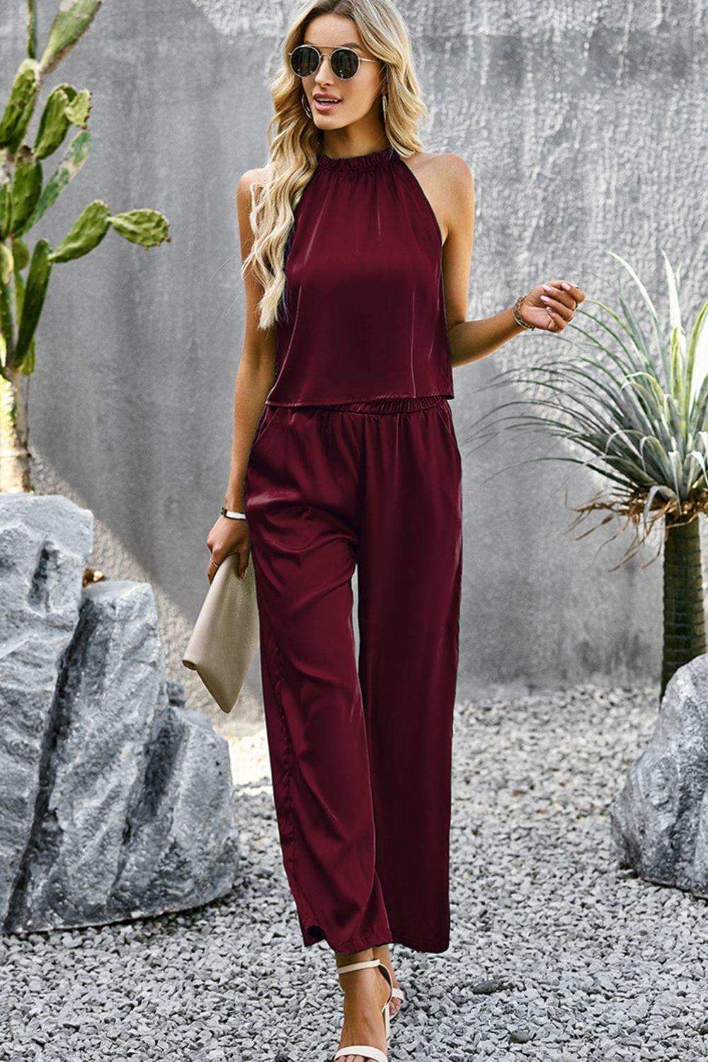 Grecian Neck Sleeveless Pocketed Top and Pants Set - Trendsi - Flyclothing LLC