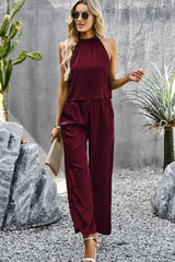 Grecian Neck Sleeveless Pocketed Top and Pants Set - Trendsi