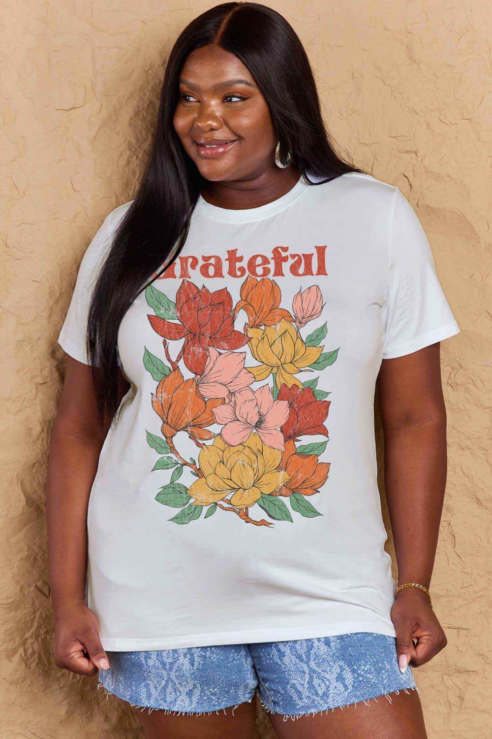 Simply Love Full Size GRATEFUL Flower Graphic Cotton T-Shirt - Trendsi - Flyclothing LLC