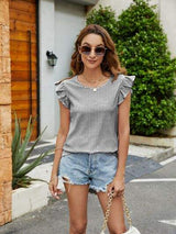 Plaid Ruffled Round Neck Cap Sleeve T-Shirt - Trendsi - Flyclothing LLC