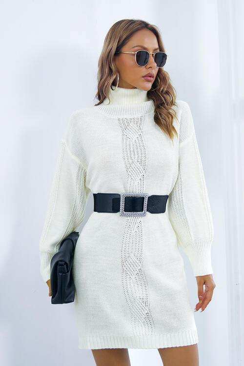 Openwork Turtleneck Long Sleeve Sweater Dress - Trendsi - Flyclothing LLC