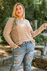 Plus Size Waffle-Knit Spliced Lace Top - Flyclothing LLC