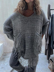 Fringe Detail Long Sleeve Sweater with Pockets - Trendsi
