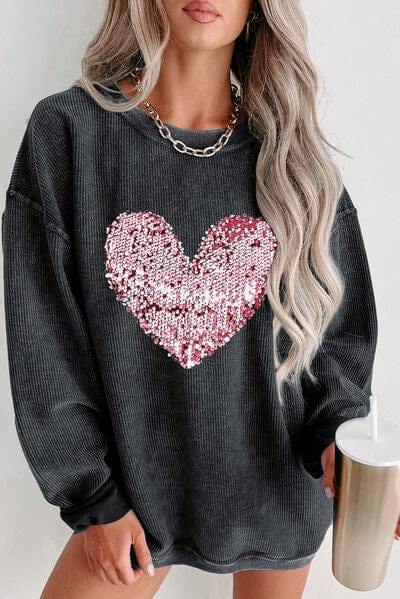 Heart Sequin Round Neck Sweatshirt - Trendsi