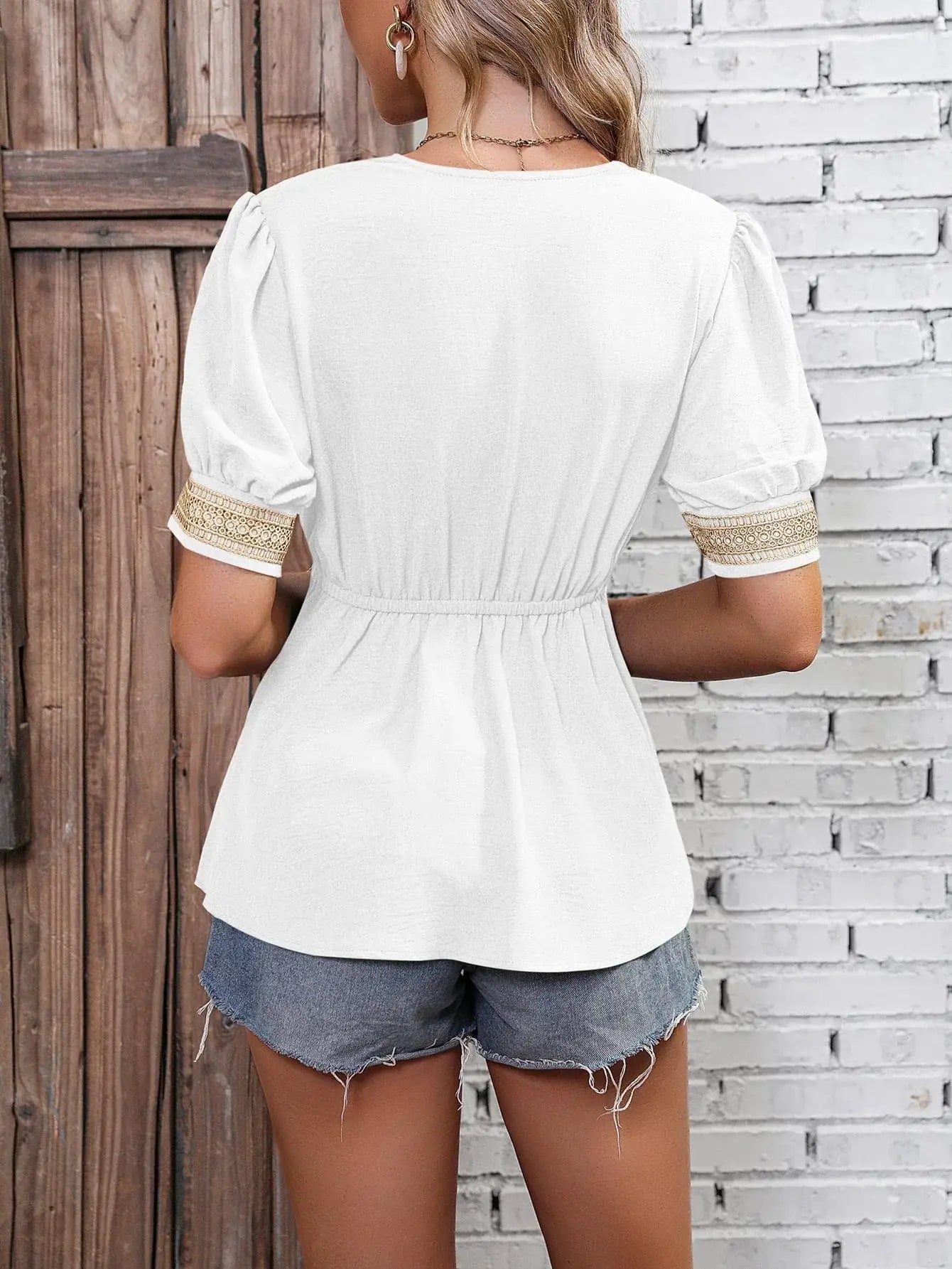 Contrast V-Neck Babydoll Top - Trendsi - Flyclothing LLC