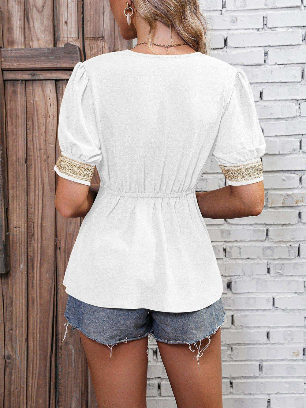 Contrast V-Neck Babydoll Top - Trendsi - Flyclothing LLC