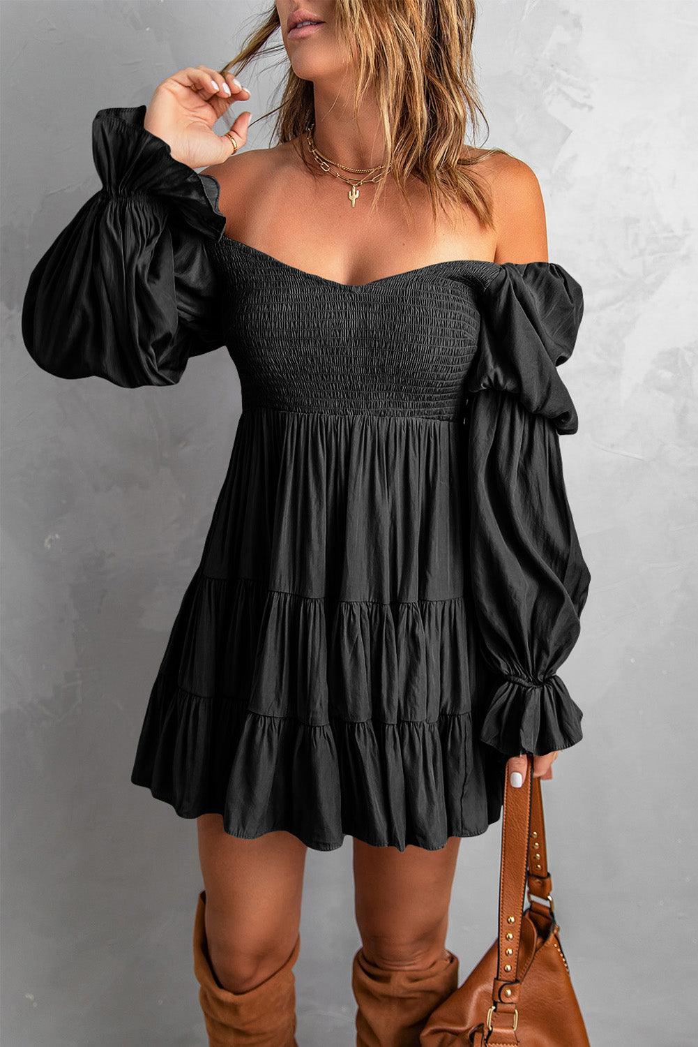 Smocked Off-Shoulder Tiered Mini Dress - Flyclothing LLC