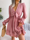 Tie Front Smocked Waist Flounce Sleeve Dress - Trendsi