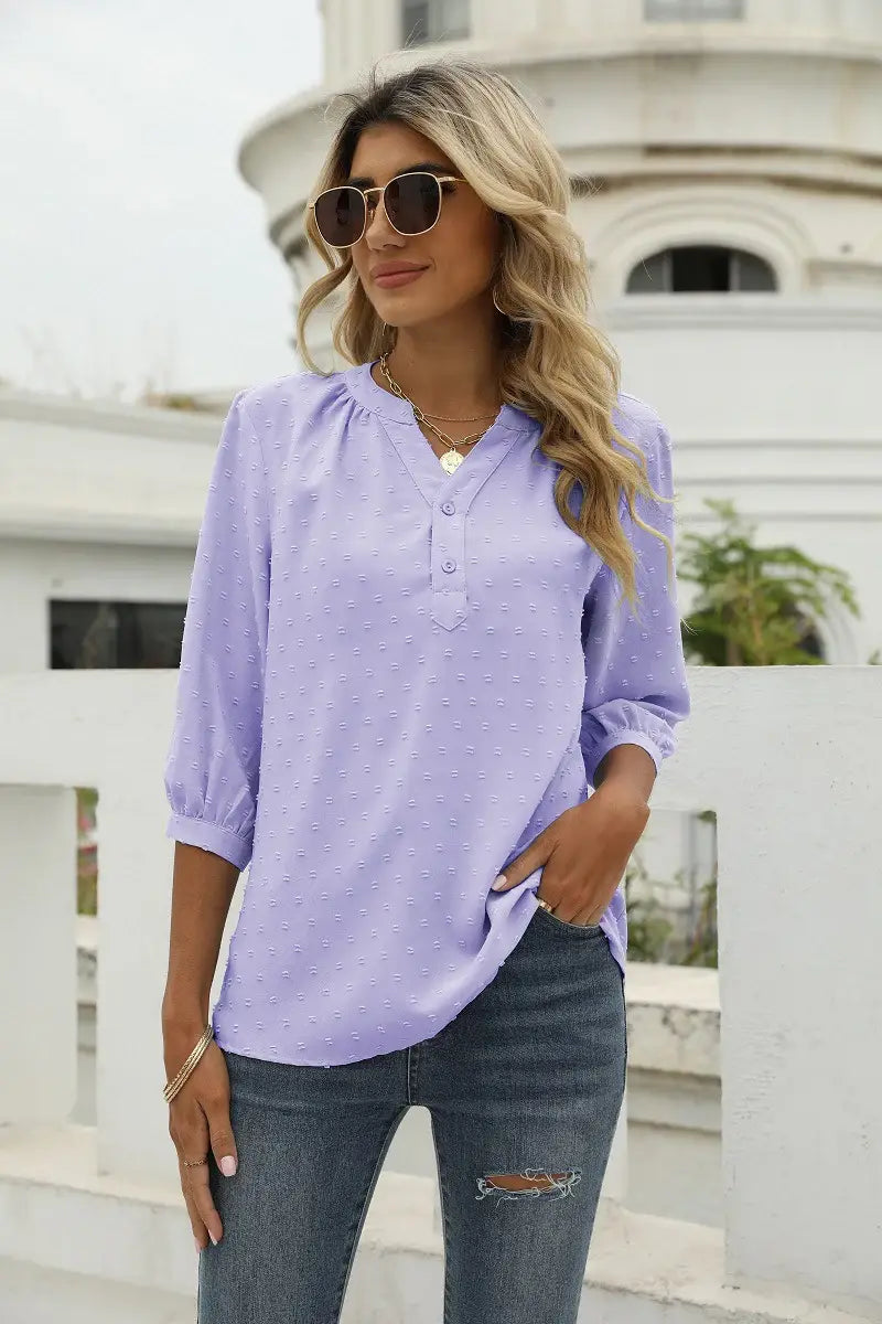 Swiss Dot Notched Neck Three-Quarter Sleeve Blouse - Trendsi - Flyclothing LLC