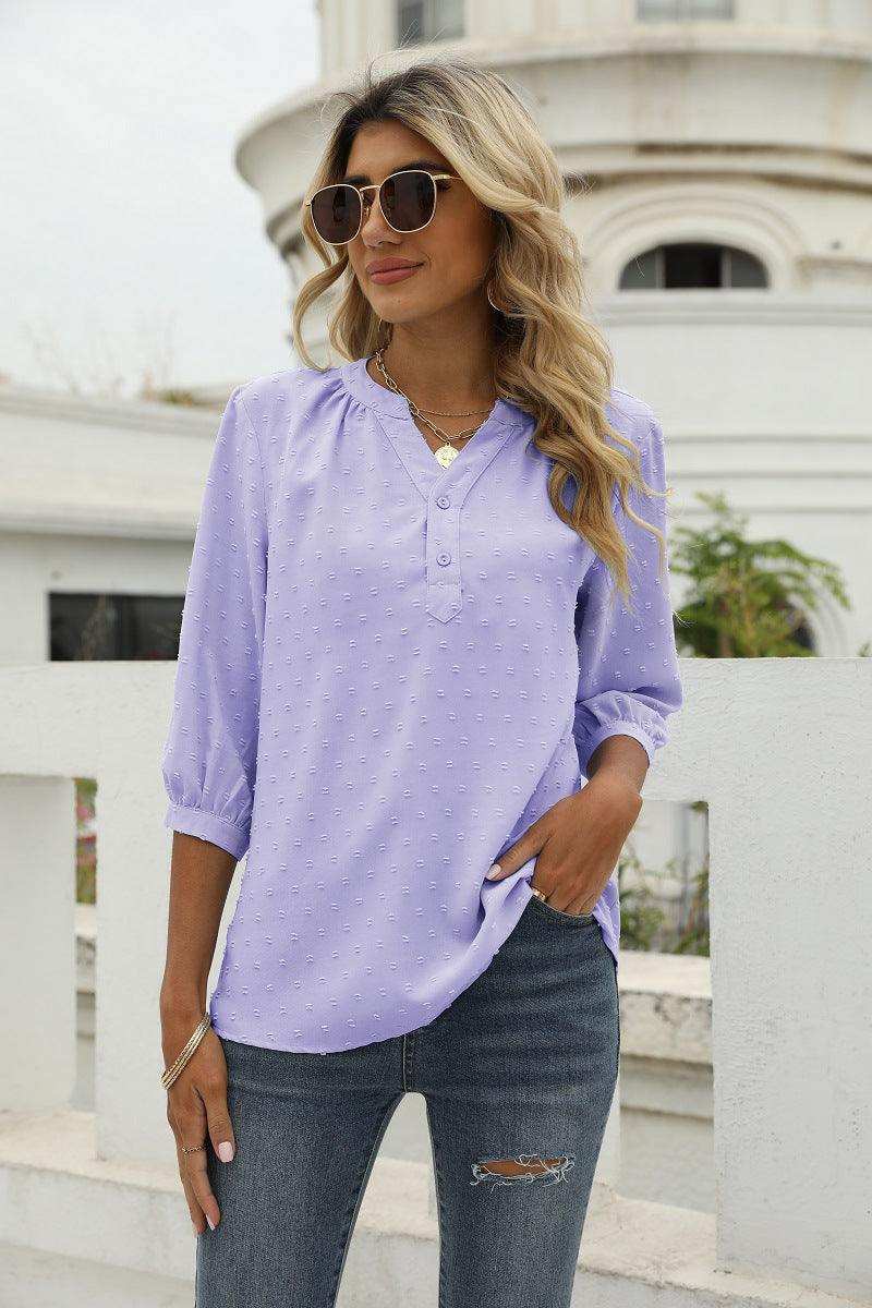 Swiss Dot Notched Neck Three-Quarter Sleeve Blouse - Trendsi - Flyclothing LLC