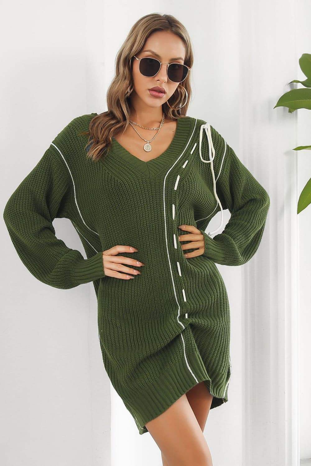 Contrast V-Neck Sweater Dress - Trendsi - Flyclothing LLC