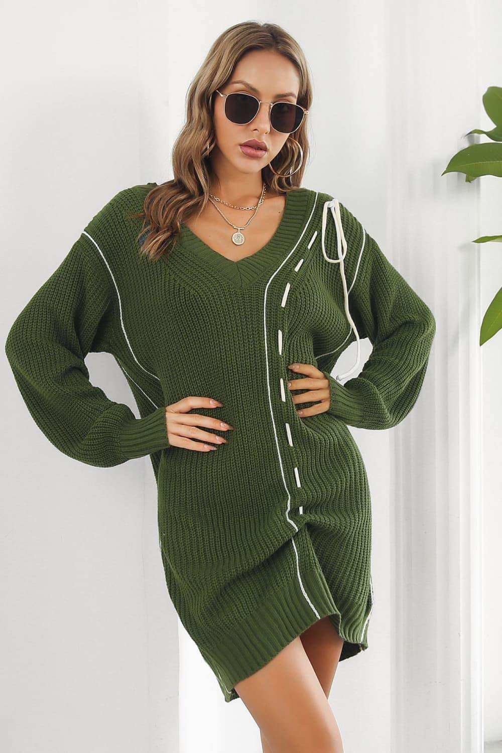 Contrast V-Neck Sweater Dress - Trendsi - Flyclothing LLC