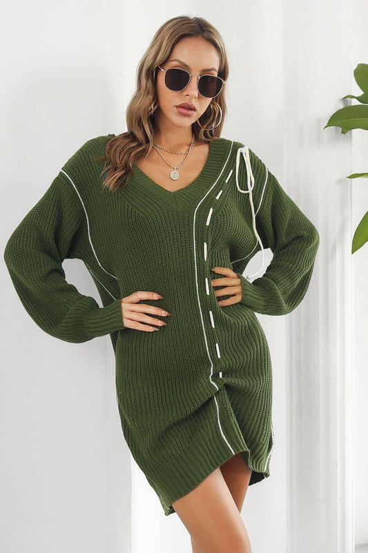 Contrast V-Neck Sweater Dress - Trendsi