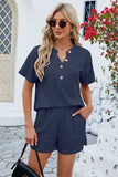 Notched Button Detail Dropped Shoulder Top and Shorts Set - Trendsi - Flyclothing LLC