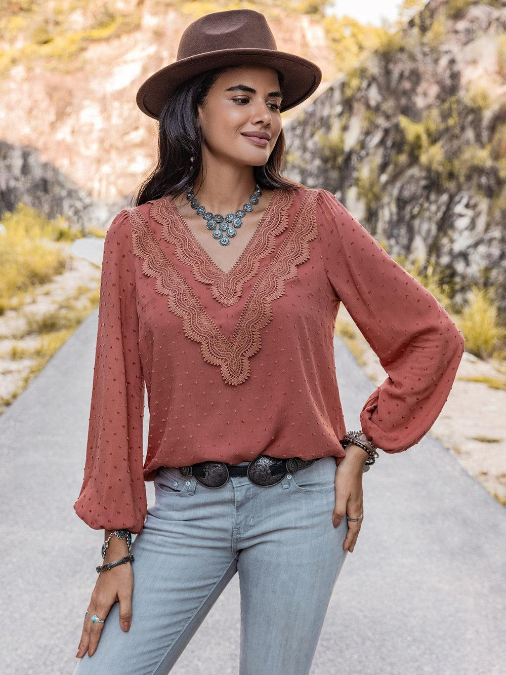 Swiss Dot V-Neck Blouse - Trendsi