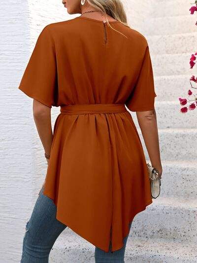 Tied Round Neck Half Sleeve Blouse - Trendsi - Flyclothing LLC