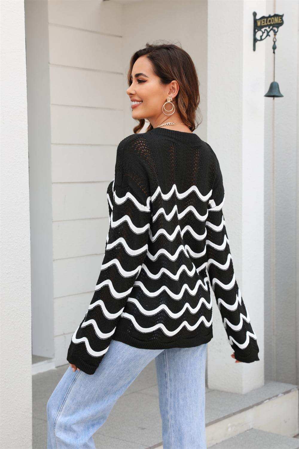 Wave Pattern Round Neck Long Sleeve Sweater - Trendsi - Flyclothing LLC