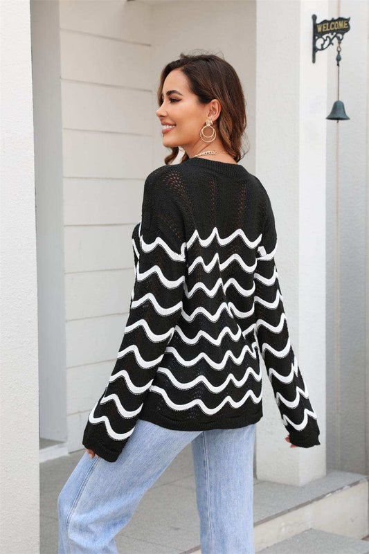 Wave Pattern Round Neck Long Sleeve Sweater - Trendsi - Flyclothing LLC