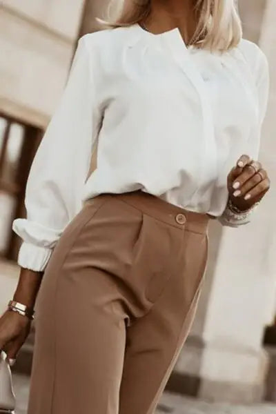 Button Up Round Neck Long Sleeve Shirt - Trendsi - Flyclothing LLC