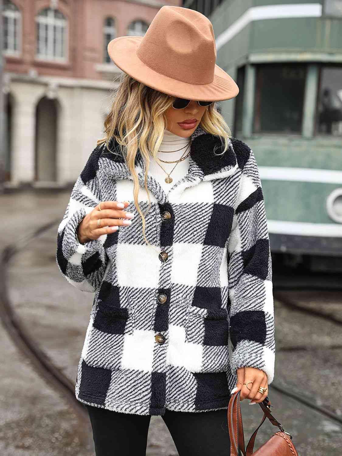 Plaid Collared Neck Button Down Jacket - Trendsi
