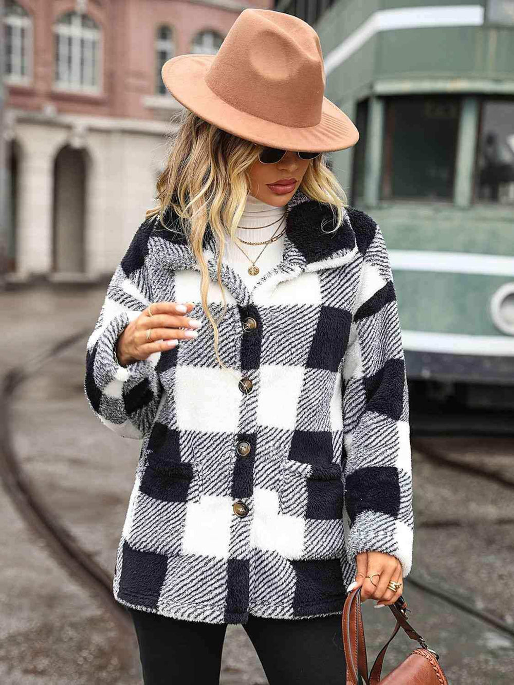 Plaid Collared Neck Button Down Jacket - Trendsi - Flyclothing LLC