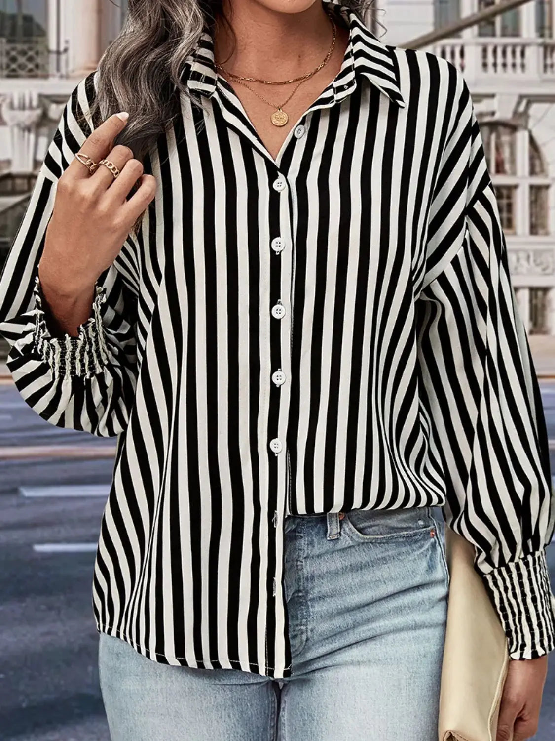 Striped Dropped Shoulder Smocked Wristband Shirt - Trendsi - Flyclothing LLC