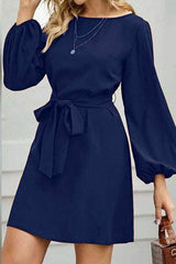 Tied Boat Neck Balloon Sleeve Mini Dress - Trendsi - Flyclothing LLC