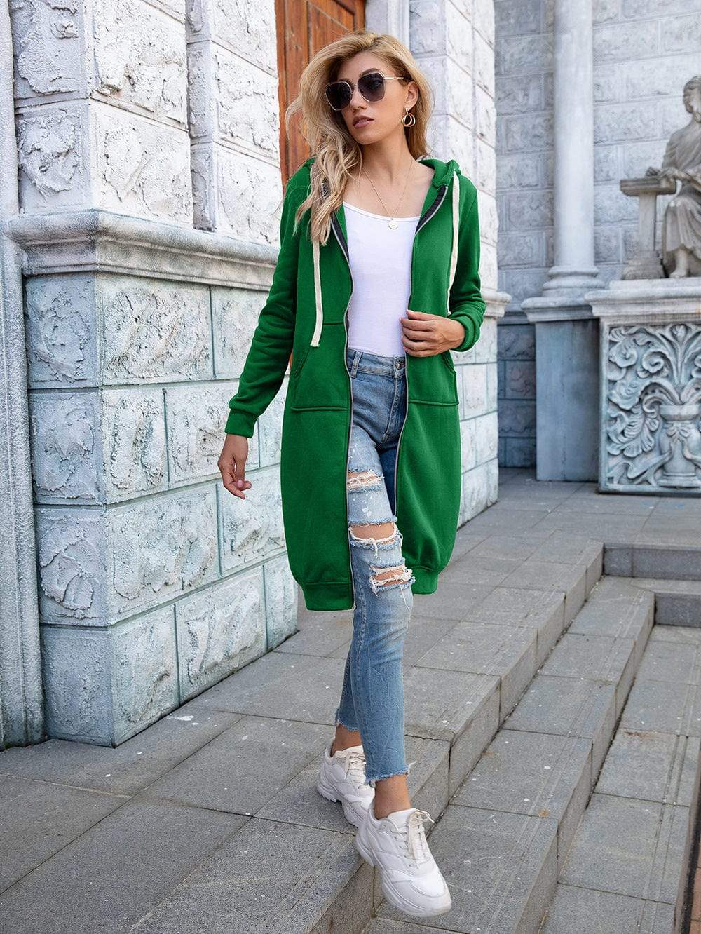 Full Size Zip-Up Longline Hoodie with Pockets - Trendsi - Flyclothing LLC