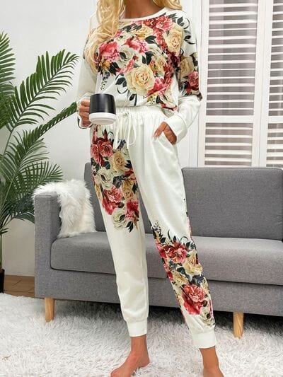 Printed Round Neck Top and Drawstring Pants Lounge Set - Trendsi