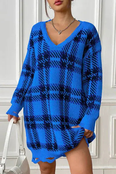 Plaid V-Neck Long Sleeve Sweater Dress - Trendsi - Flyclothing LLC