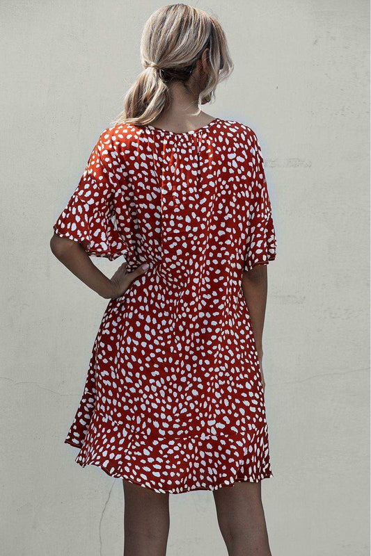 Tie Neck Flounce Sleeve Printed Mini Dress - Trendsi - Flyclothing LLC