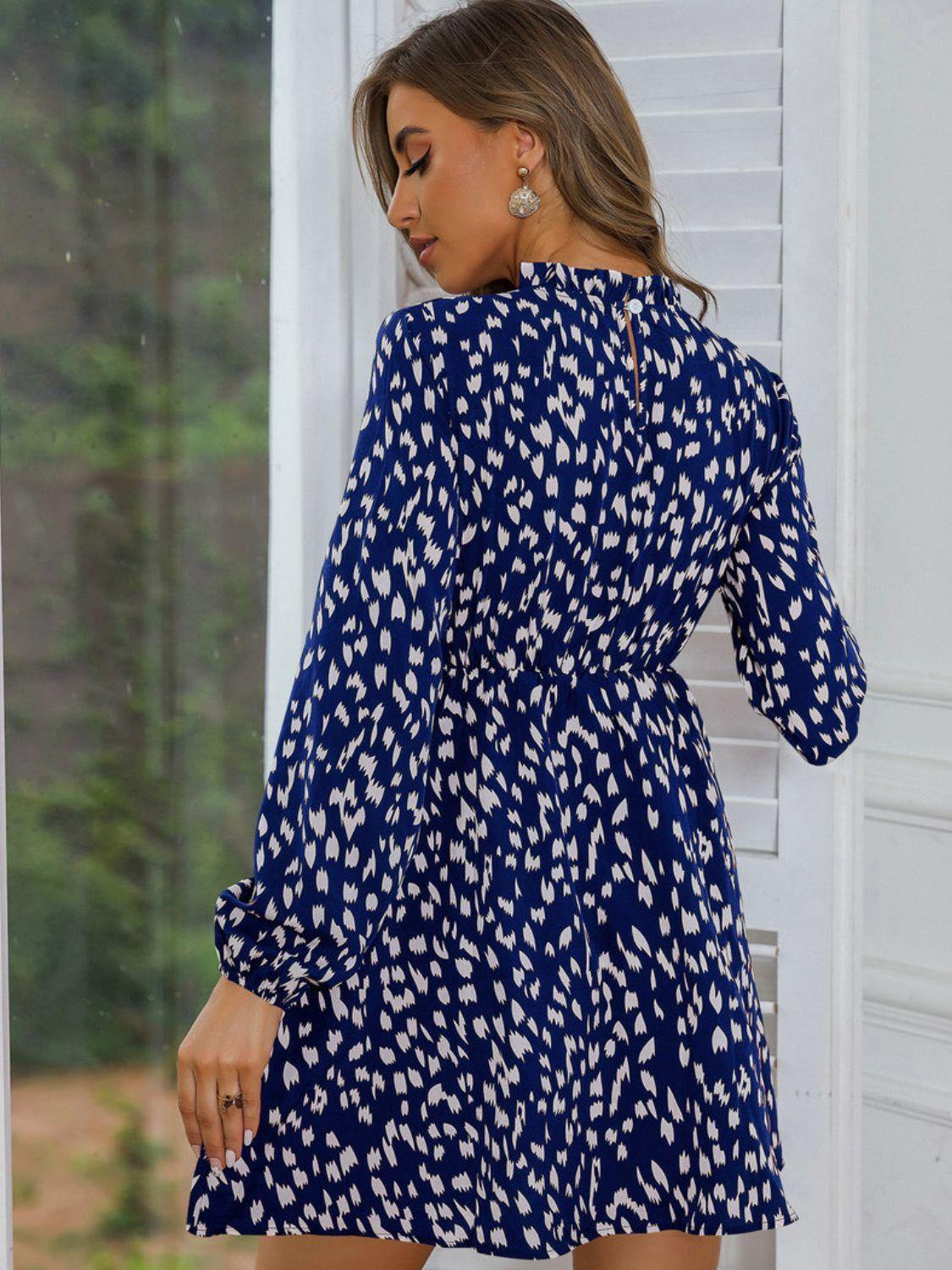 Printed Frill Neck Long Sleeve Dress - Trendsi