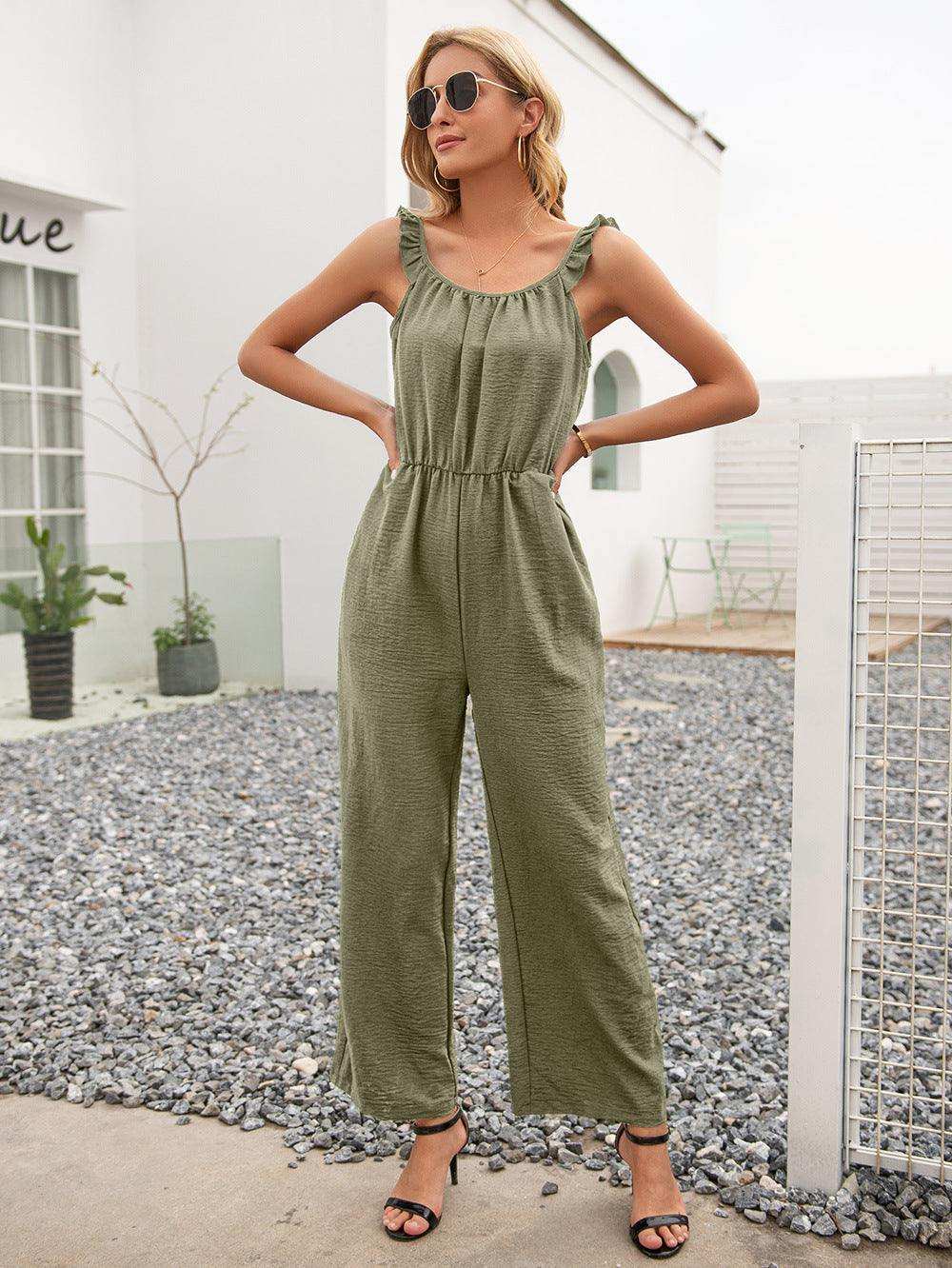 Round Neck Sleeveless Jumpsuit with Pockets - Trendsi - Flyclothing LLC