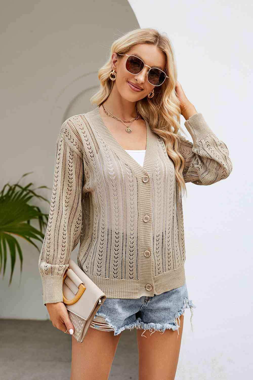 Openwork Button Front V-Neck Cardigan - Trendsi - Flyclothing LLC