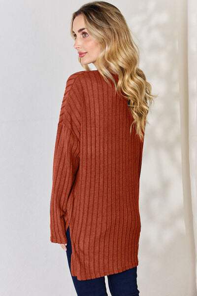 Basic Bae Full Size Ribbed Half Button Long Sleeve High-Low T-Shirt - Trendsi - Flyclothing LLC