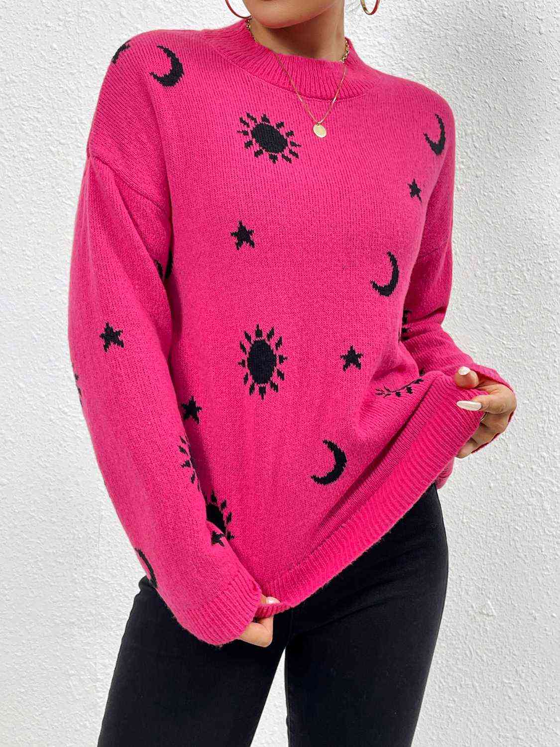 Patterned Drop Shoulder Sweater - Trendsi - Flyclothing LLC