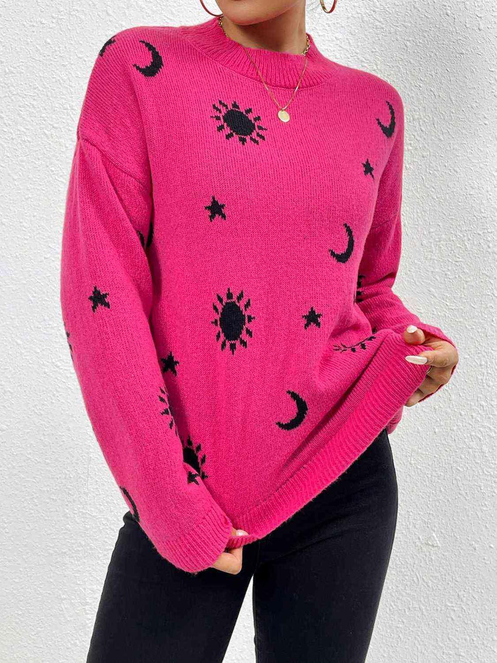 Patterned Drop Shoulder Sweater - Trendsi