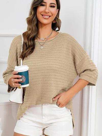 Rolled Round Neck Dropped Shoulder Slit Sweater - Trendsi - Flyclothing LLC