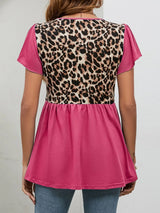 Leopard Round Neck Flutter Sleeve Babydoll Blouse - Trendsi - Flyclothing LLC