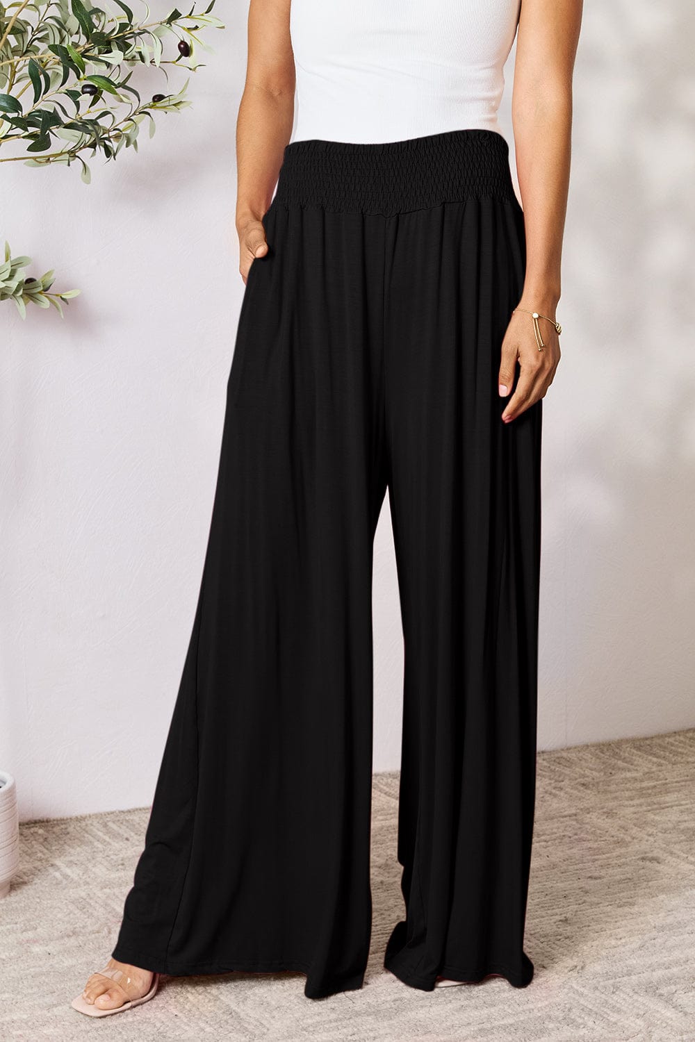 Double Take Full Size Smocked Wide Waistband Wide Leg Pants - Trendsi