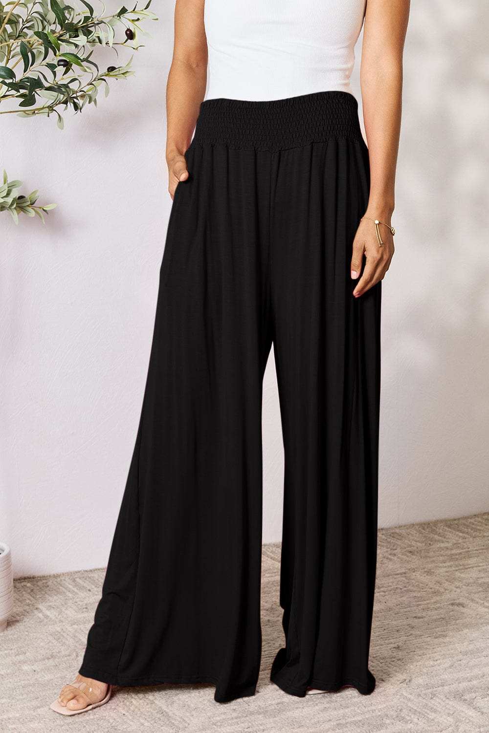 Double Take Full Size Smocked Wide Waistband Wide Leg Pants - Trendsi - Flyclothing LLC