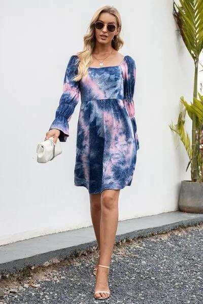 Tie-Dye Square Neck Flounce Sleeve Dress - Trendsi - Flyclothing LLC