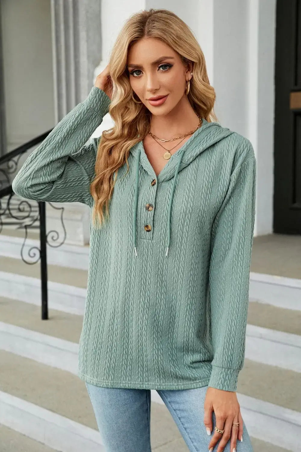 Cable-Knit Long Sleeve Hoodie - Trendsi - Flyclothing LLC