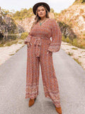 Plus Size Printed V-Neck Tie Front Balloon Sleeve Jumpsuit - Trendsi - Flyclothing LLC