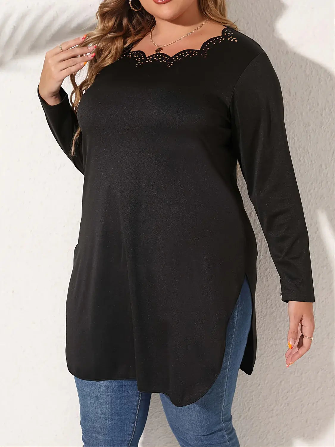 Plus Size Slit Long Sleeve T-Shirt - Trendsi - Flyclothing LLC