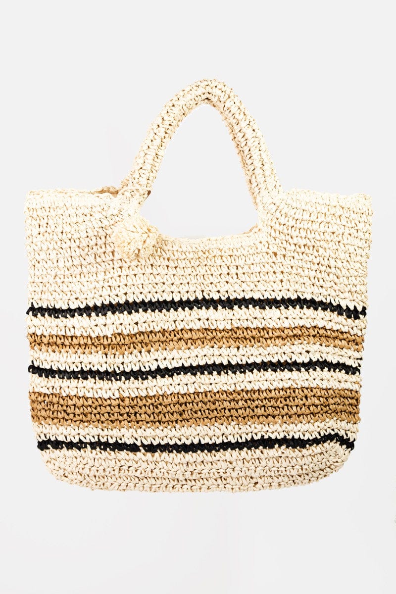 Fame Striped Straw Braided Tote Bag - Trendsi